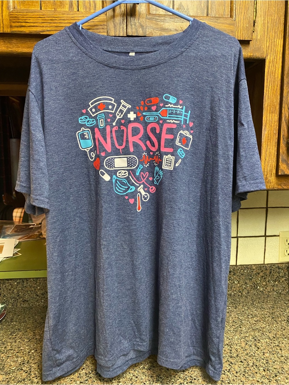 Nurse Heart Graphic Tee - Slate Blue with Pink & Teal 2X